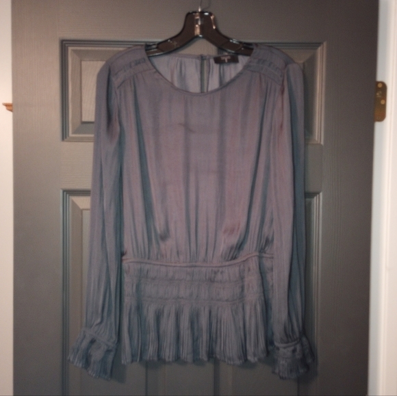 Tahari Sleek Ruffled Charcoal Blouse Ruched Smocked Waist Flattering Top Satin S - Picture 1 of 5